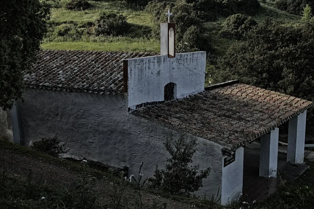 Tetto in tegole e portico di Santa Lucia fra la vegetazione