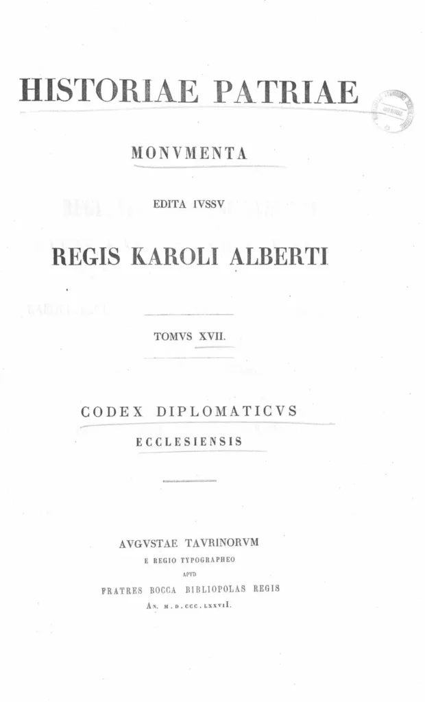 Frontespizio del Codex diplomaticus ecclesiensis pubblicato a Torino nel 1877