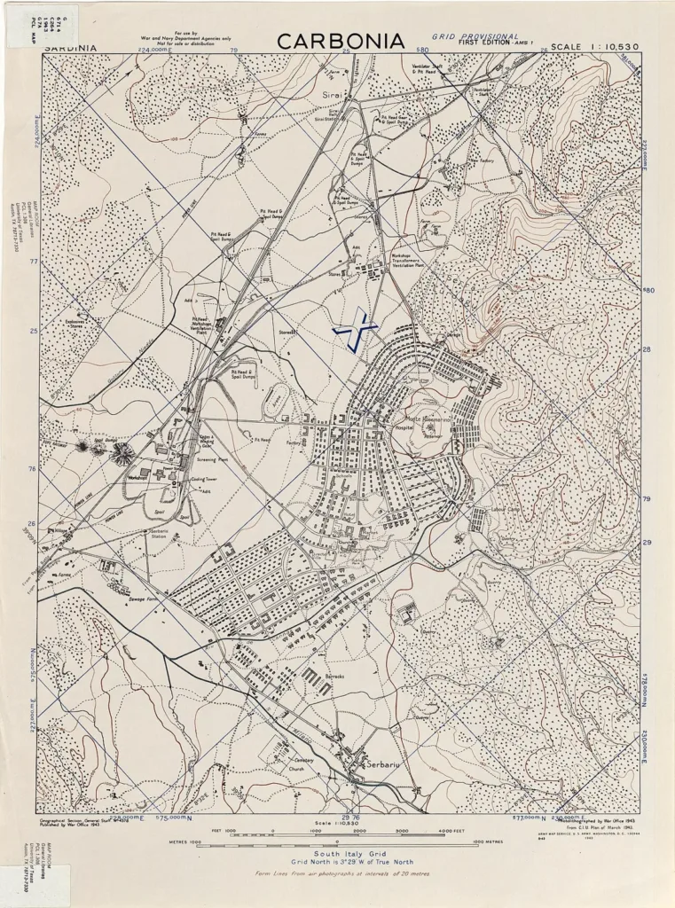 Carta storica del 1943 con strade e aree costruite di Carbonia