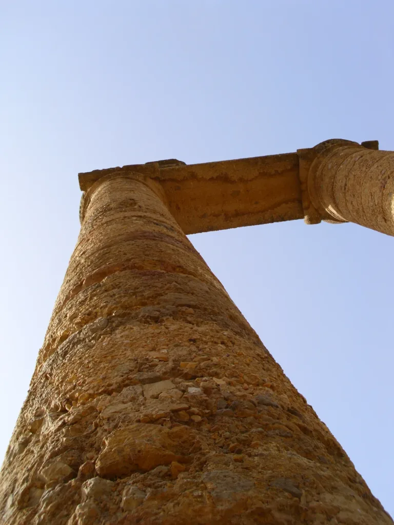 Colonna e capitello del Tempio di Antas visti dal basso, nel 2014
